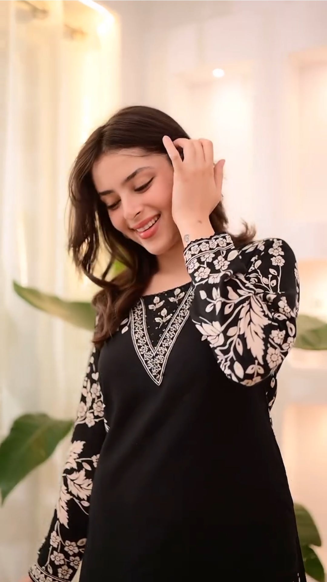 Black Straight Kurta Set with White Floral Printed