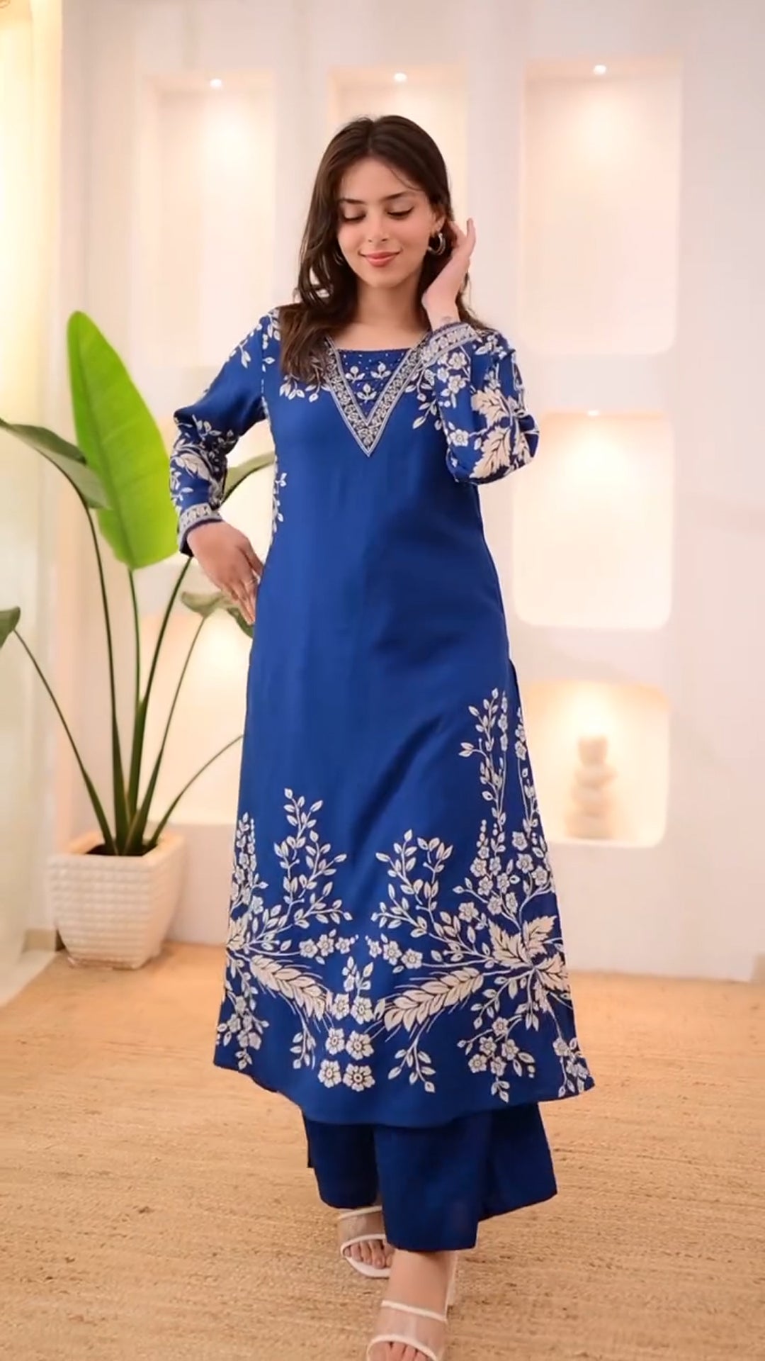 Royal Blue Straight Kurta Set with White Floral Printed