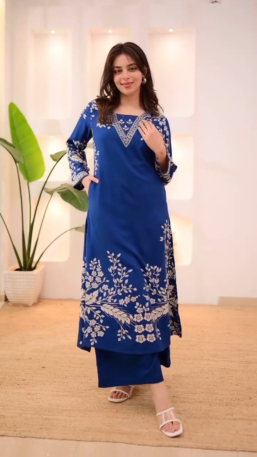 Royal Blue Straight Kurta Set with White Floral Printed