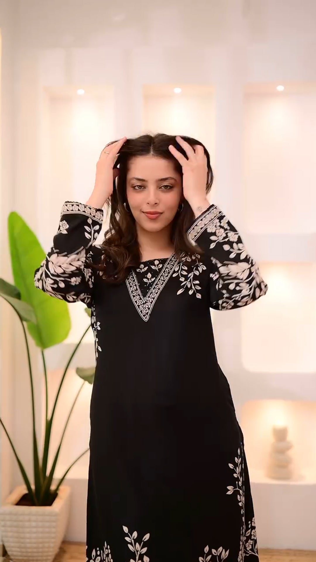 Black Straight Kurta Set with White Floral Printed
