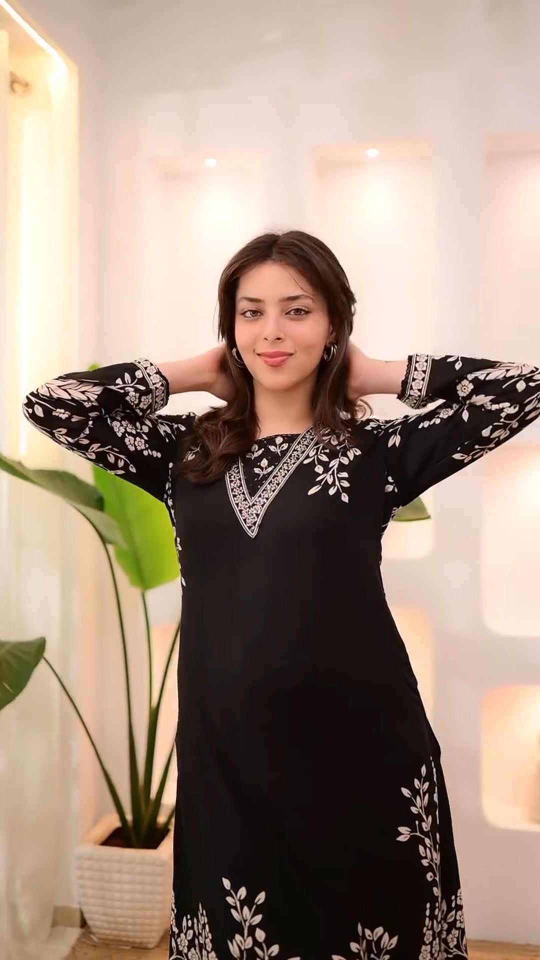 Black Straight Kurta Set with White Floral Printed