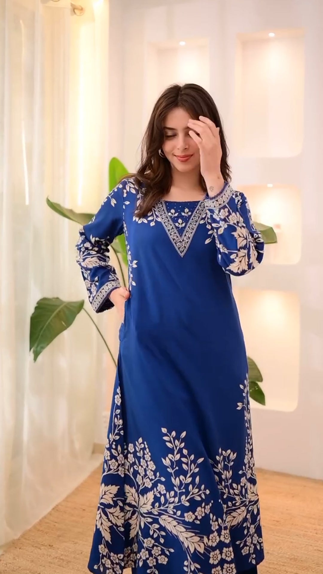 Royal Blue Straight Kurta Set with White Floral Printed