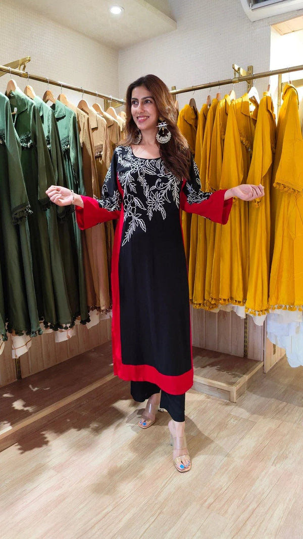 Black Embroidery Kurti - Bell Sleeve Detail