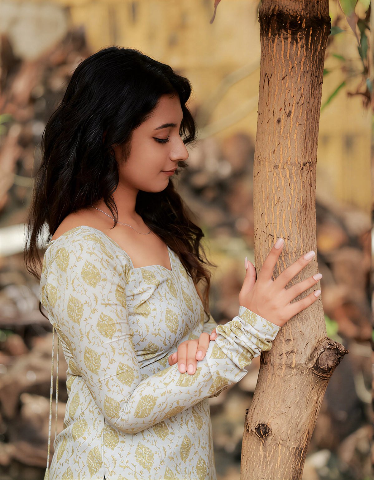 Cream Sandle Kurti - Side Profile Full Length