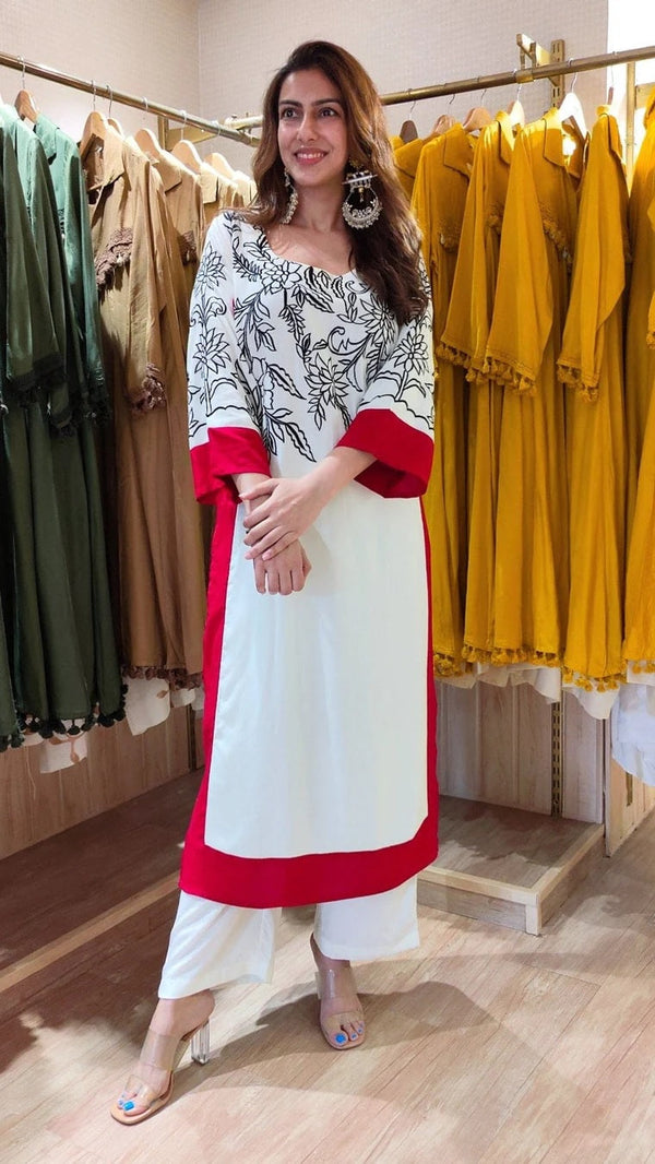 White Embroidery Kurti with Red Border - Front View