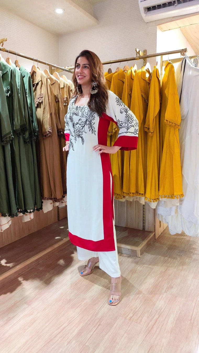 White Embroidery Kurti - Side Pose with Palazzo
