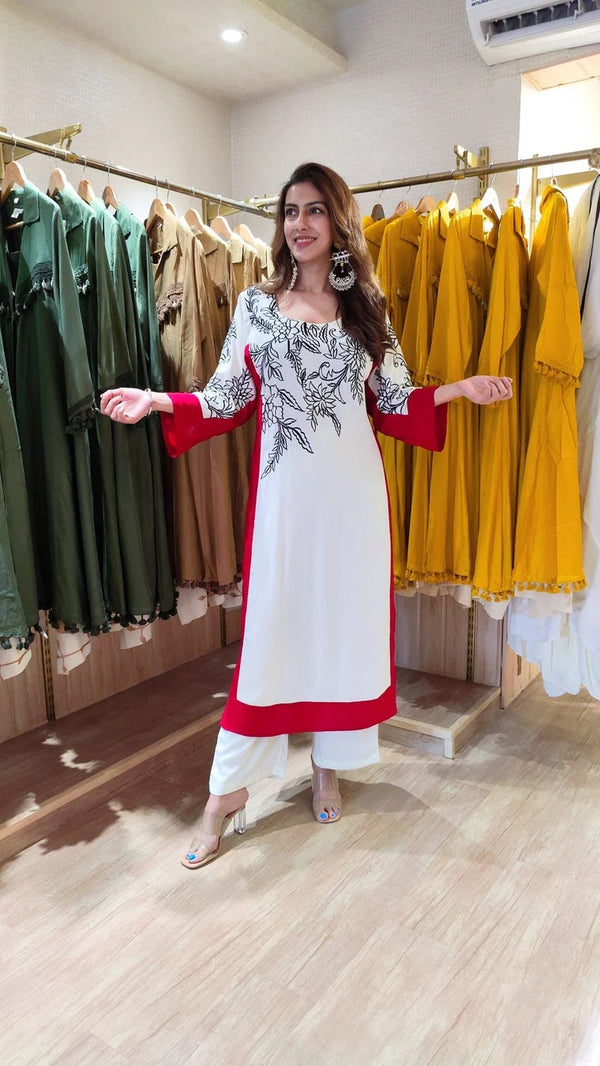 White Embroidery Kurti - Arms Open Bell Sleeve Detail
