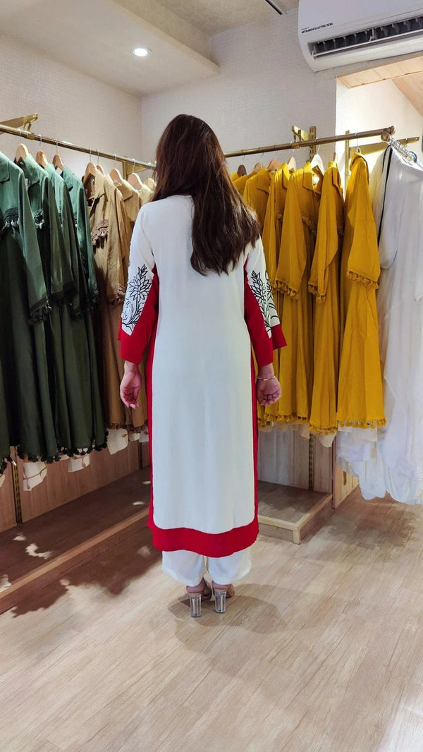 White Embroidery Kurti with Red Border - Back View