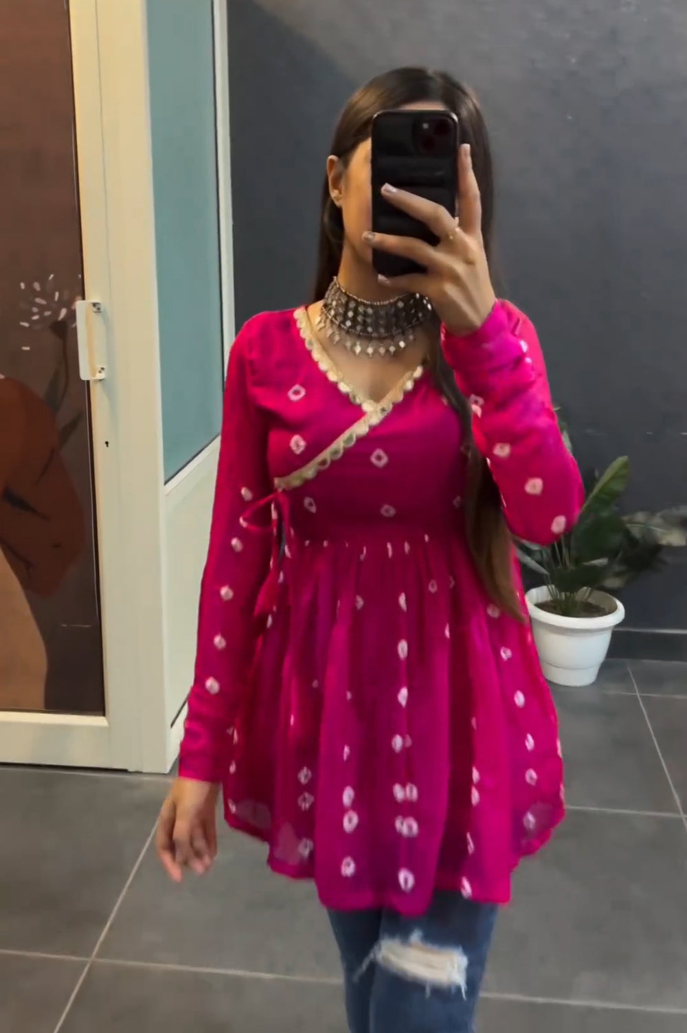 Women Pink Bandhni Print Flared Short Kurti Top