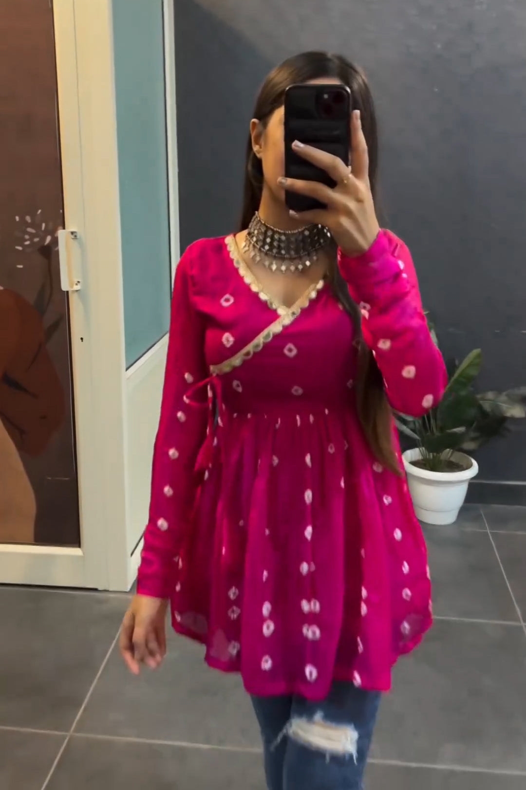Pink bandhni print flared short kurti for women
