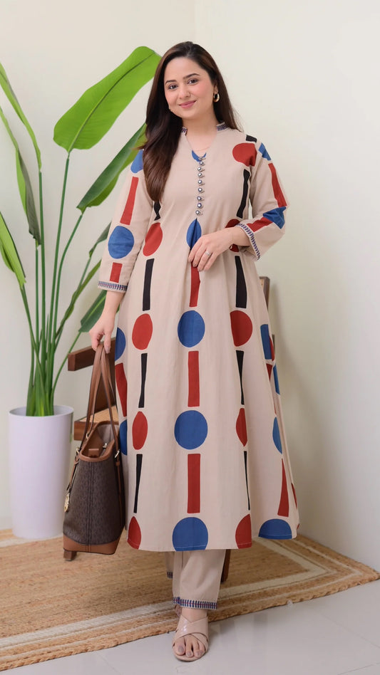 Beige Geometric A Line Premium Cotton Kurta Set