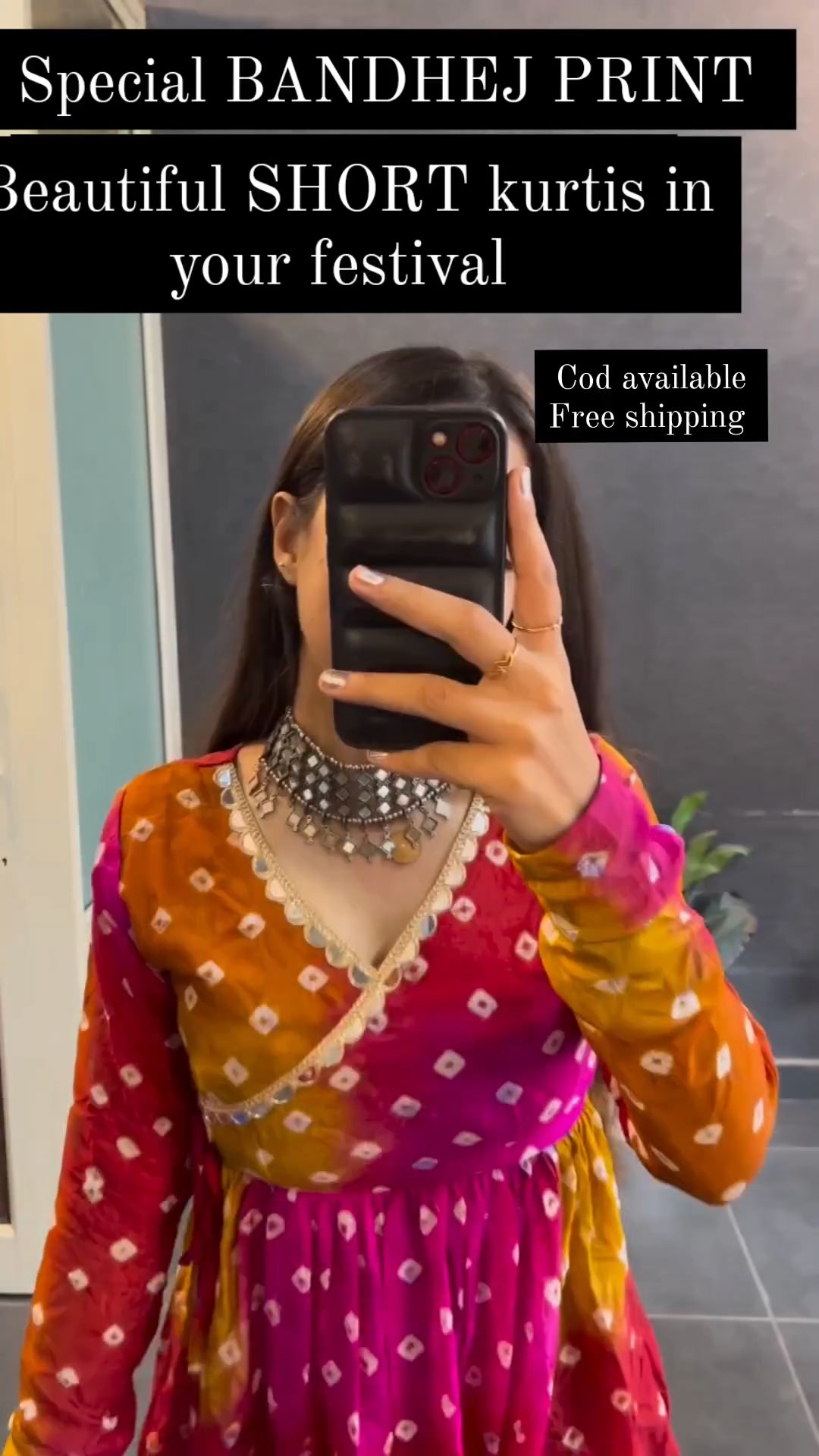 Special bandhej print short kurti - front view