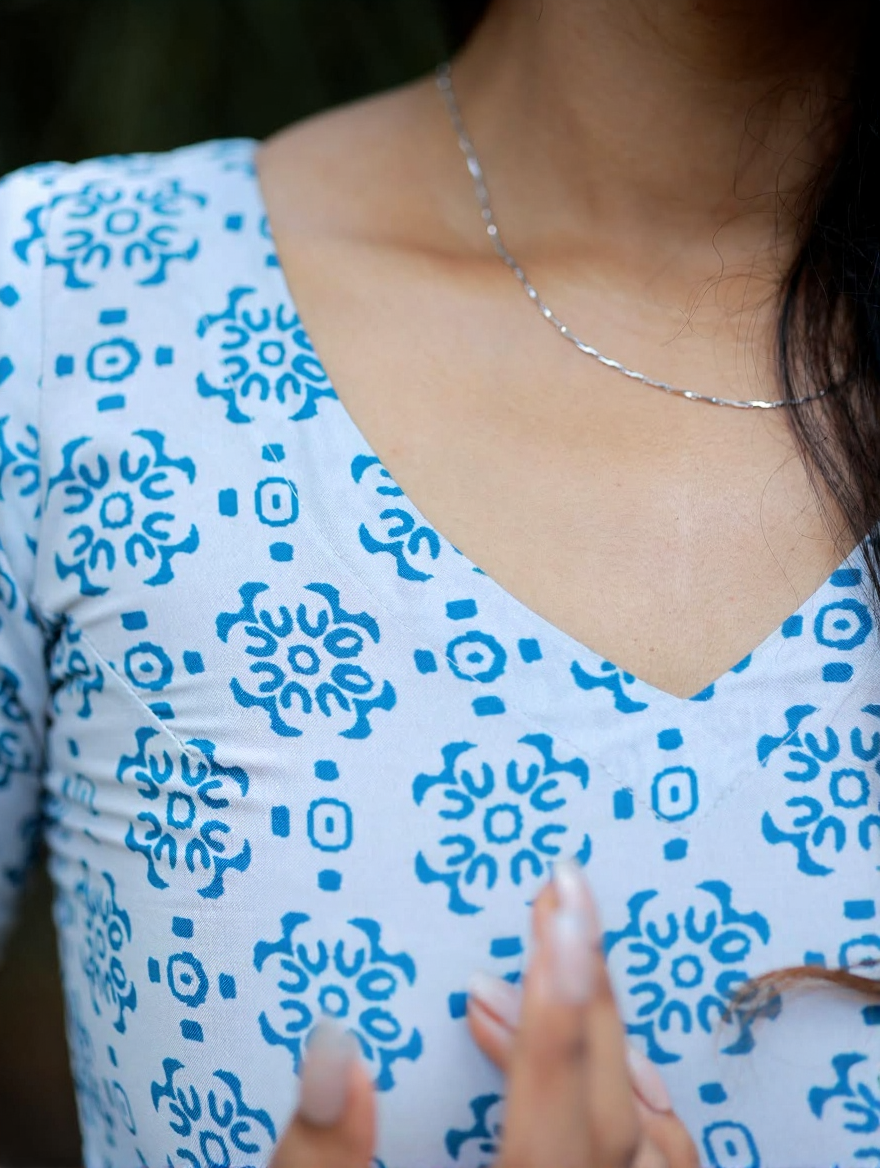 Sky Blue Block Print Kurti - V-Neckline Close Up