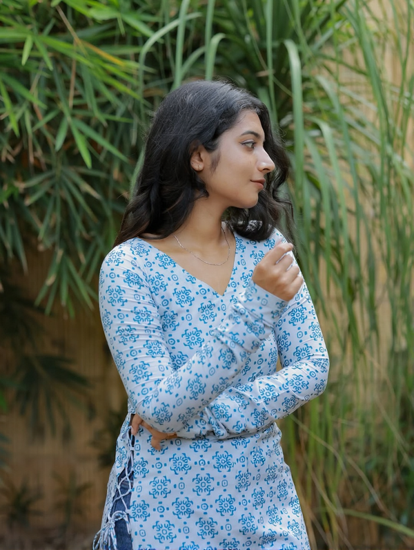 Sky Blue Block Print Kurti - Side Profile Pose