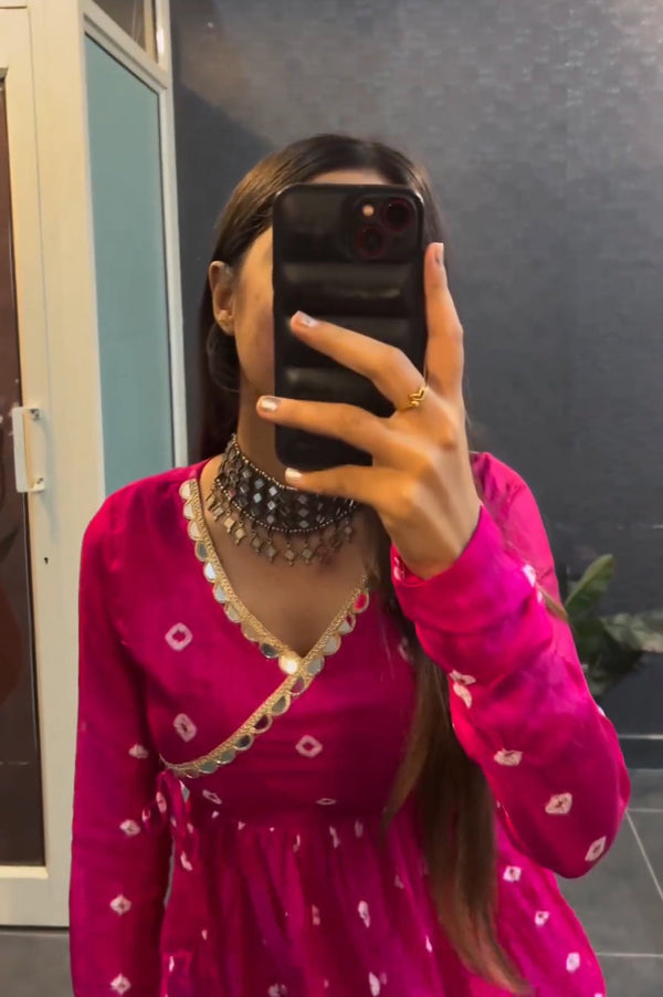 Pink bandhni print flared short kurti - side view