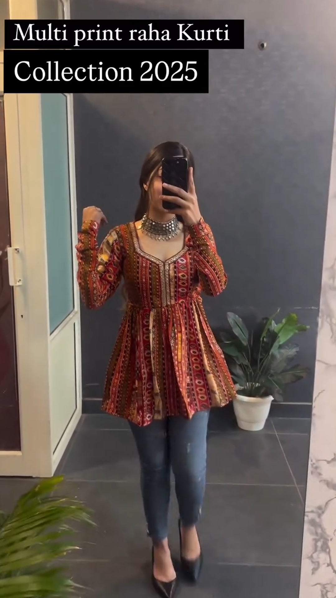 Multi print flared short kurti for women - side view
