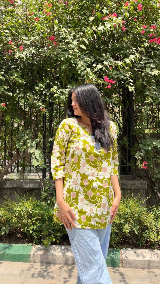 Olive Green & White Floral Print Cotton Tunic Top
