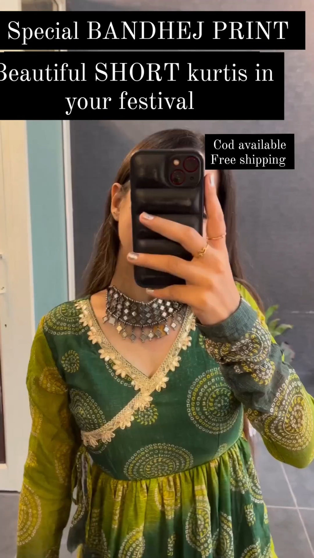 Green bandhej print short kurti - side view