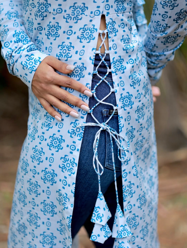 Sky Blue Block Print Kurti - Lace-Up Front Slit Detail