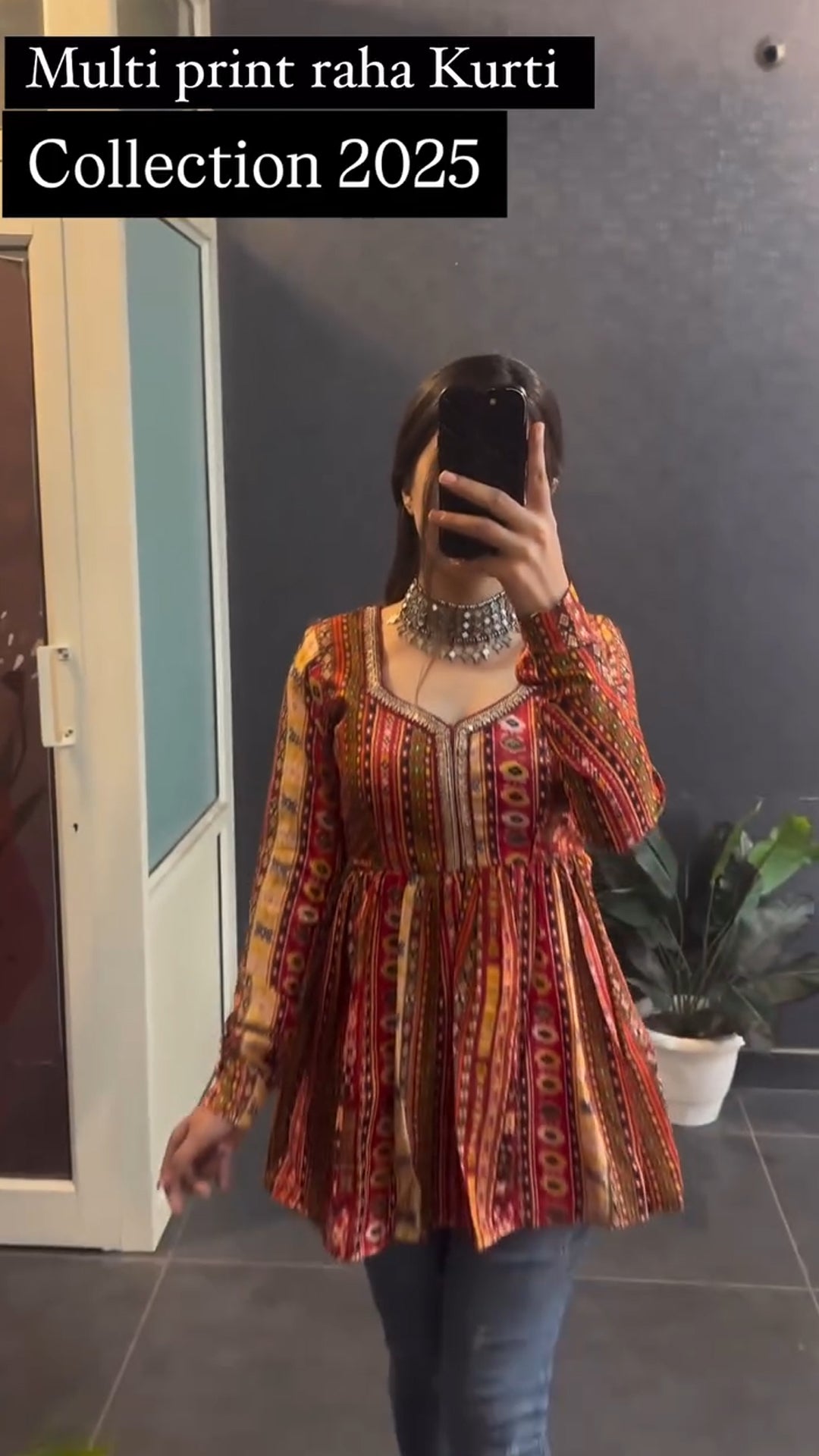 Multi print flared short kurti for women - back view