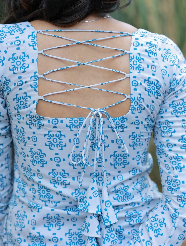 Sky Blue Block Print Kurti - Lace-Up Open Back Detail