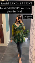 Green bandhej print short kurti for women - festive wear