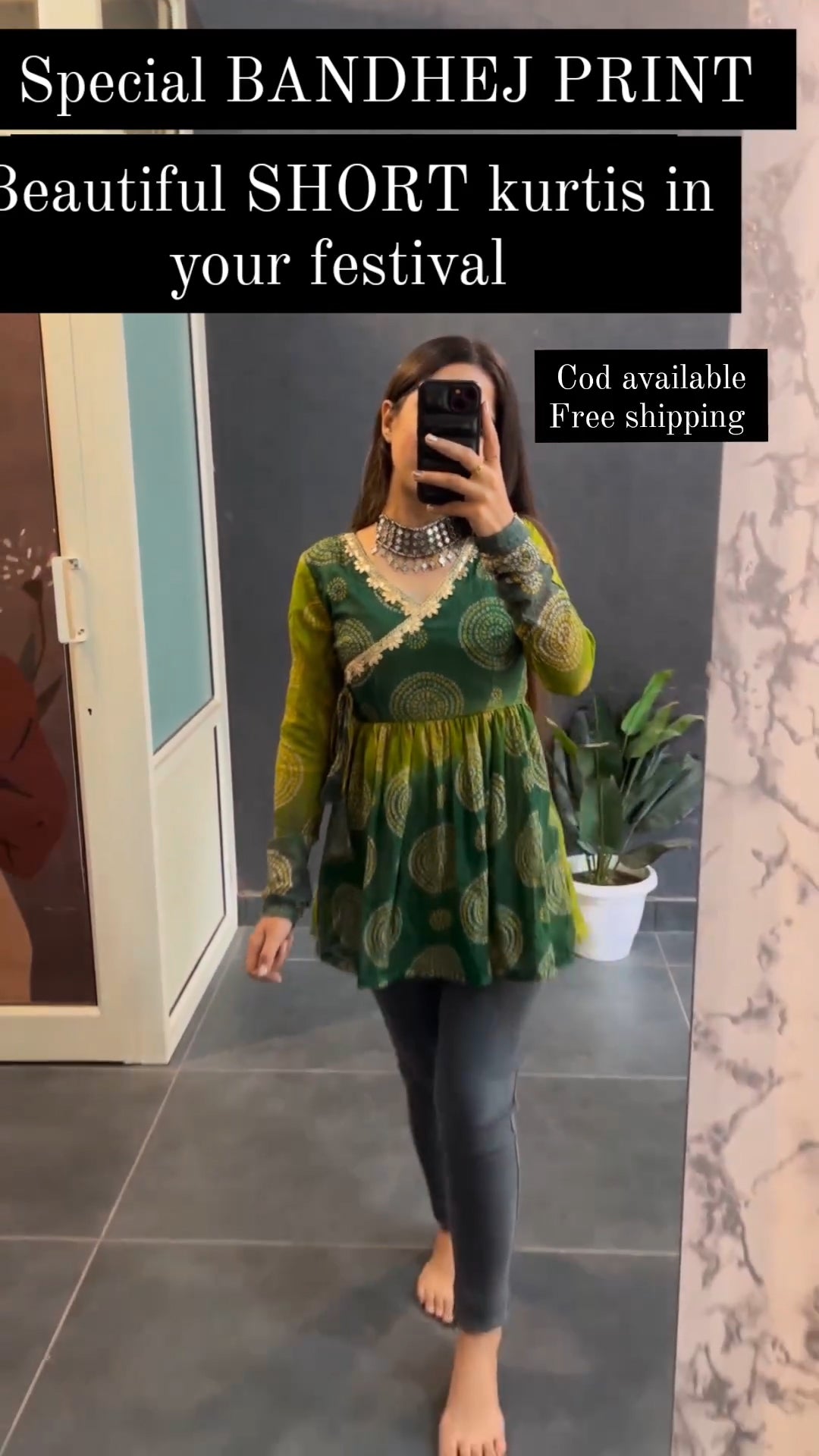 Green bandhej print short kurti for women - festive wear