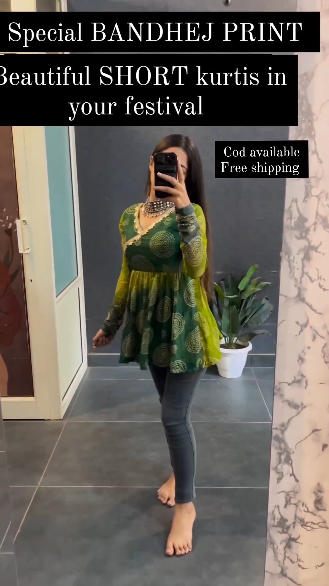 Green bandhej print short kurti - front view