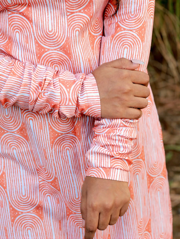 Peach Orange Swirl Kurti - Shirred Ruffle Cuff Close Up