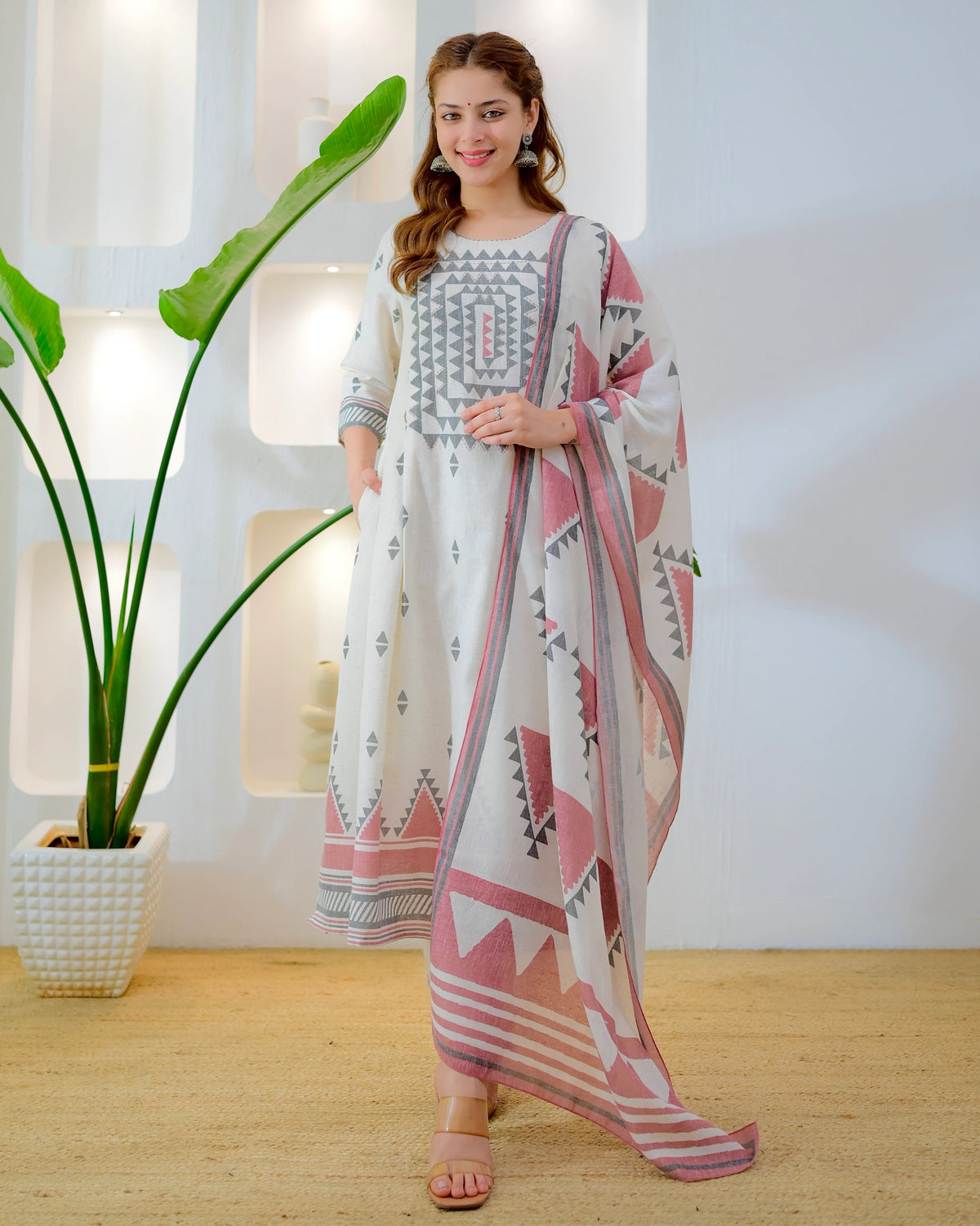 Ivory Blush Grey Muse Cotton A-Line Suit