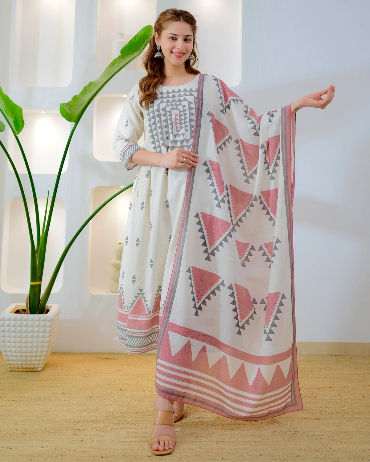 Ivory Blush Grey Muse Cotton A-Line Suit