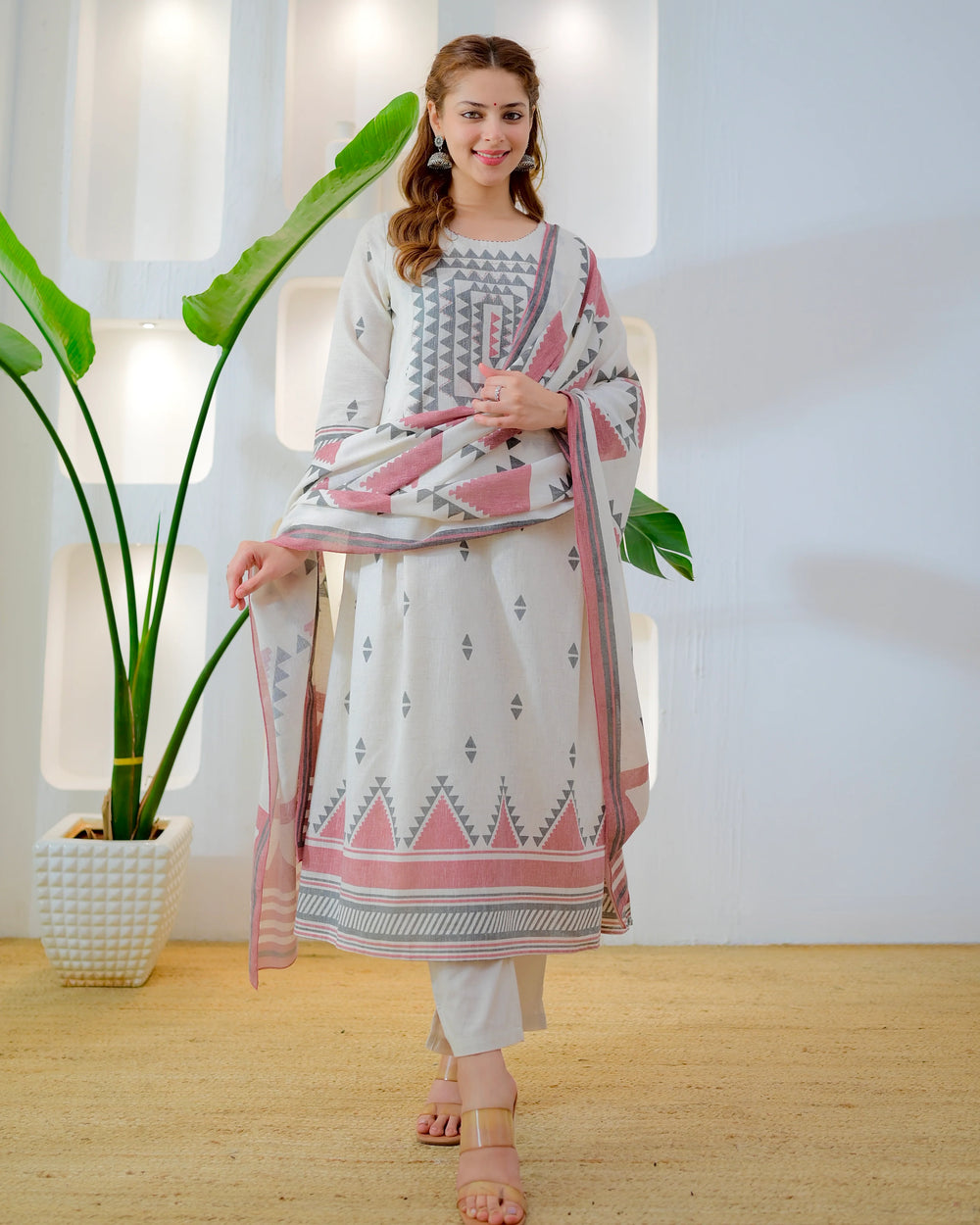 Ivory Blush Grey Muse Cotton A-Line Suit