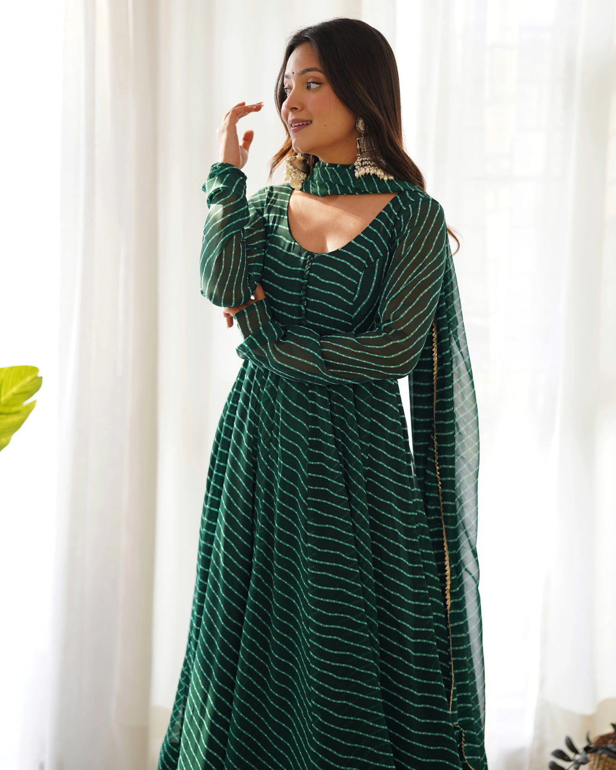 Bottle Green Striped Anarkali Suit with Dupatta