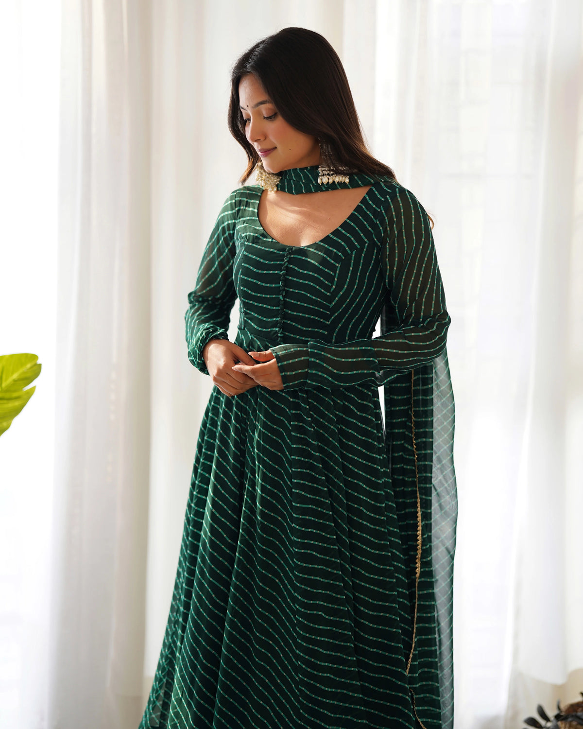 Bottle Green Striped Anarkali Suit with Dupatta