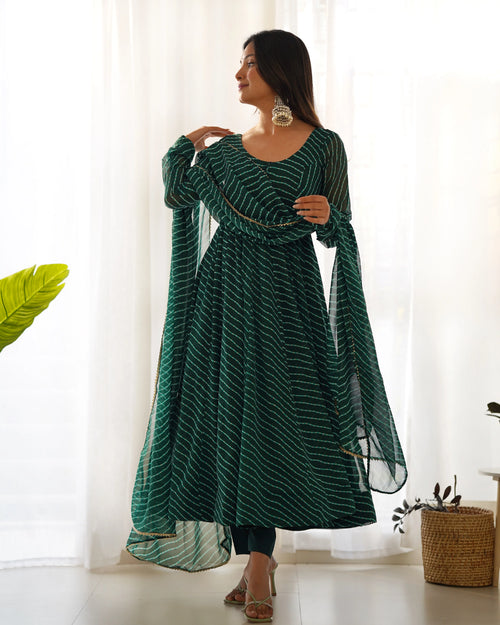 Bottle Green Striped Anarkali Suit with Dupatta