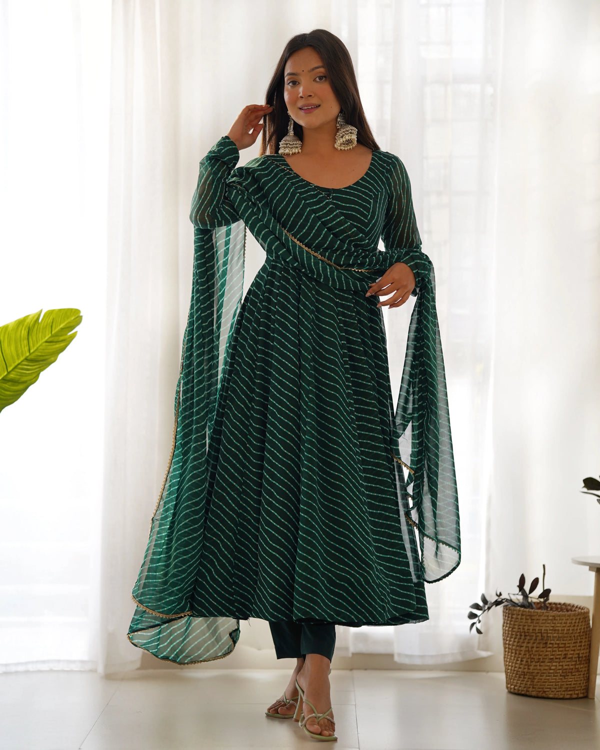 Bottle Green Striped Anarkali Suit with Dupatta