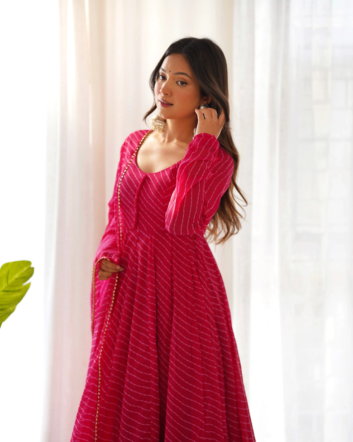 Rani Pink Striped Anarkali Suit with Dupatta