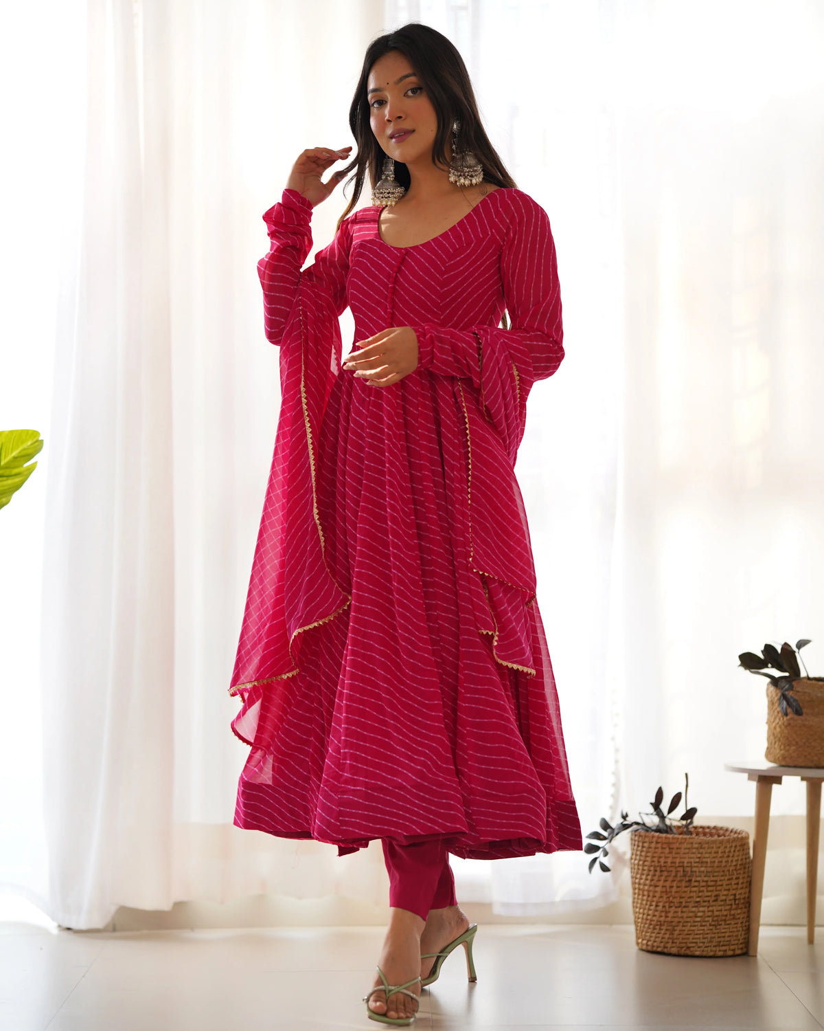 Rani Pink Striped Anarkali Suit with Dupatta