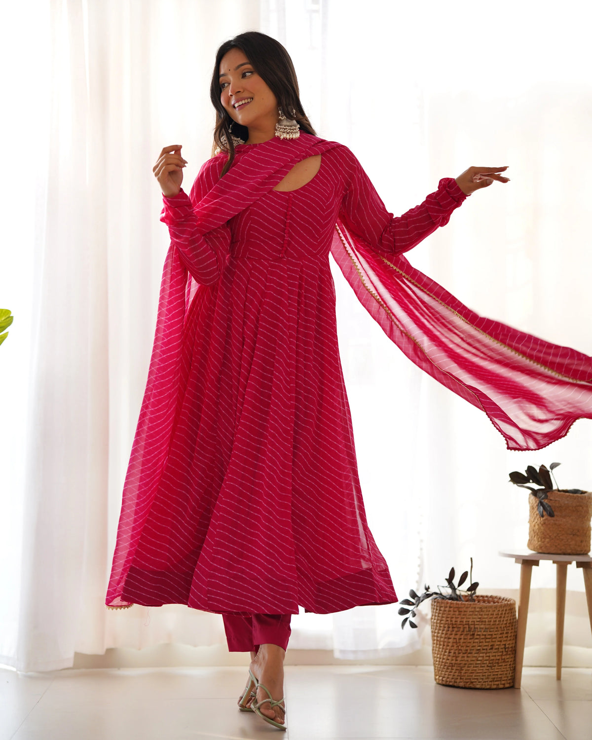 Rani Pink Striped Anarkali Suit with Dupatta