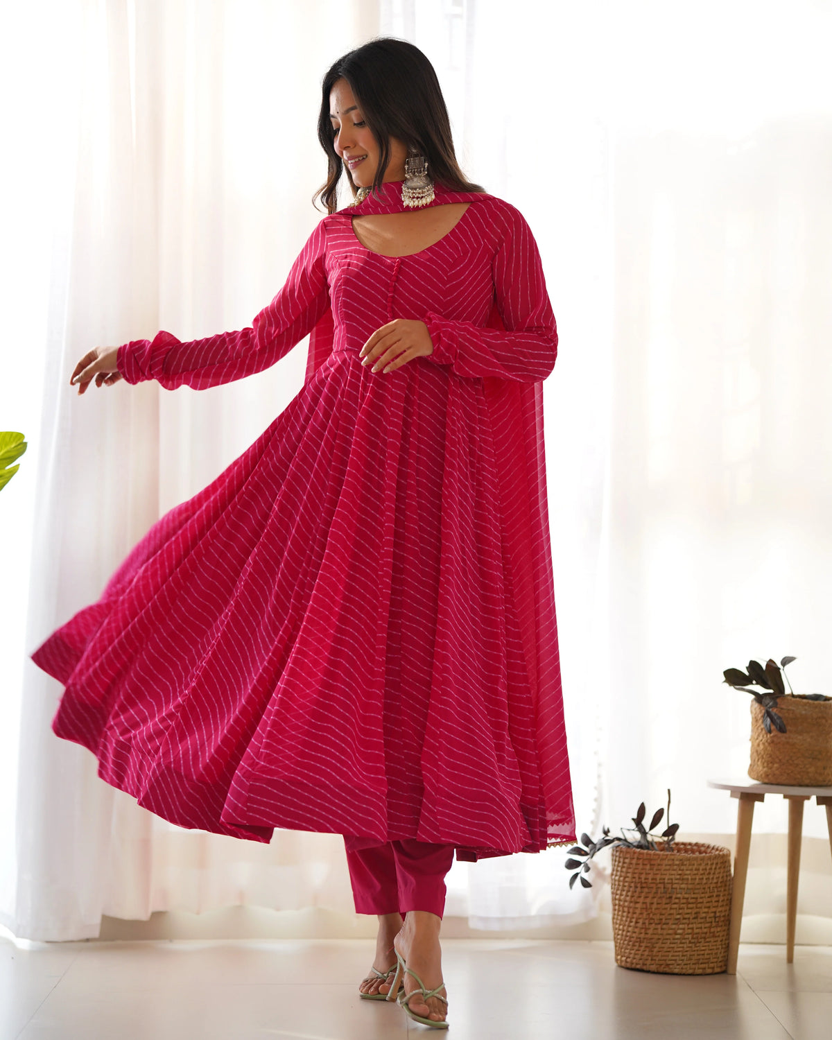 Rani Pink Striped Anarkali Suit with Dupatta