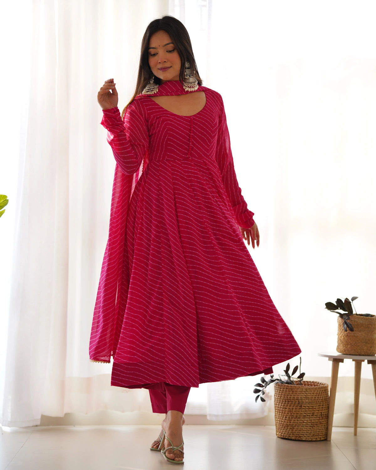Rani Pink Striped Anarkali Suit with Dupatta