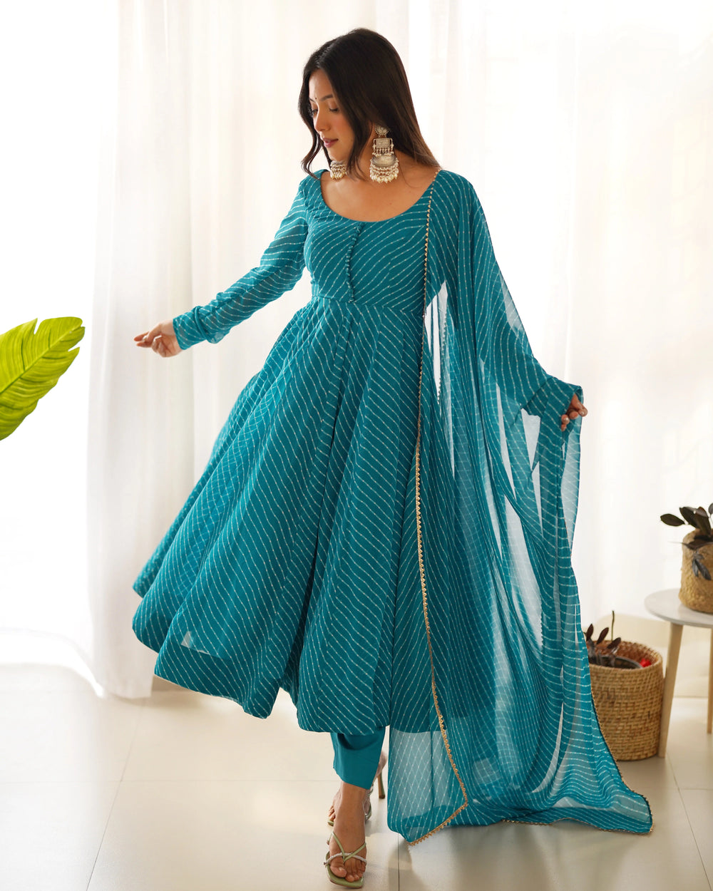 Teal Striped Anarkali Suit with Dupatta