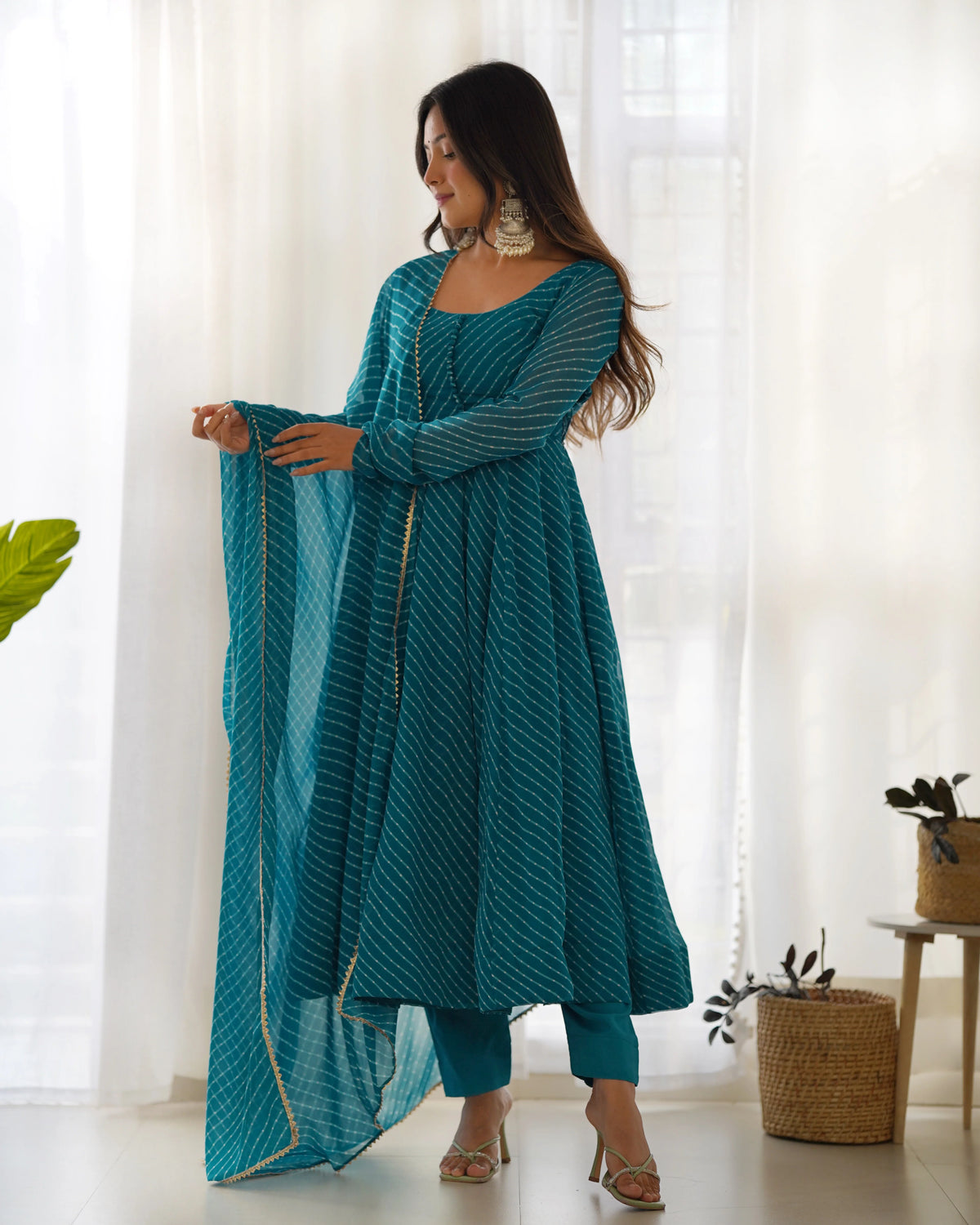 Teal Striped Anarkali Suit with Dupatta