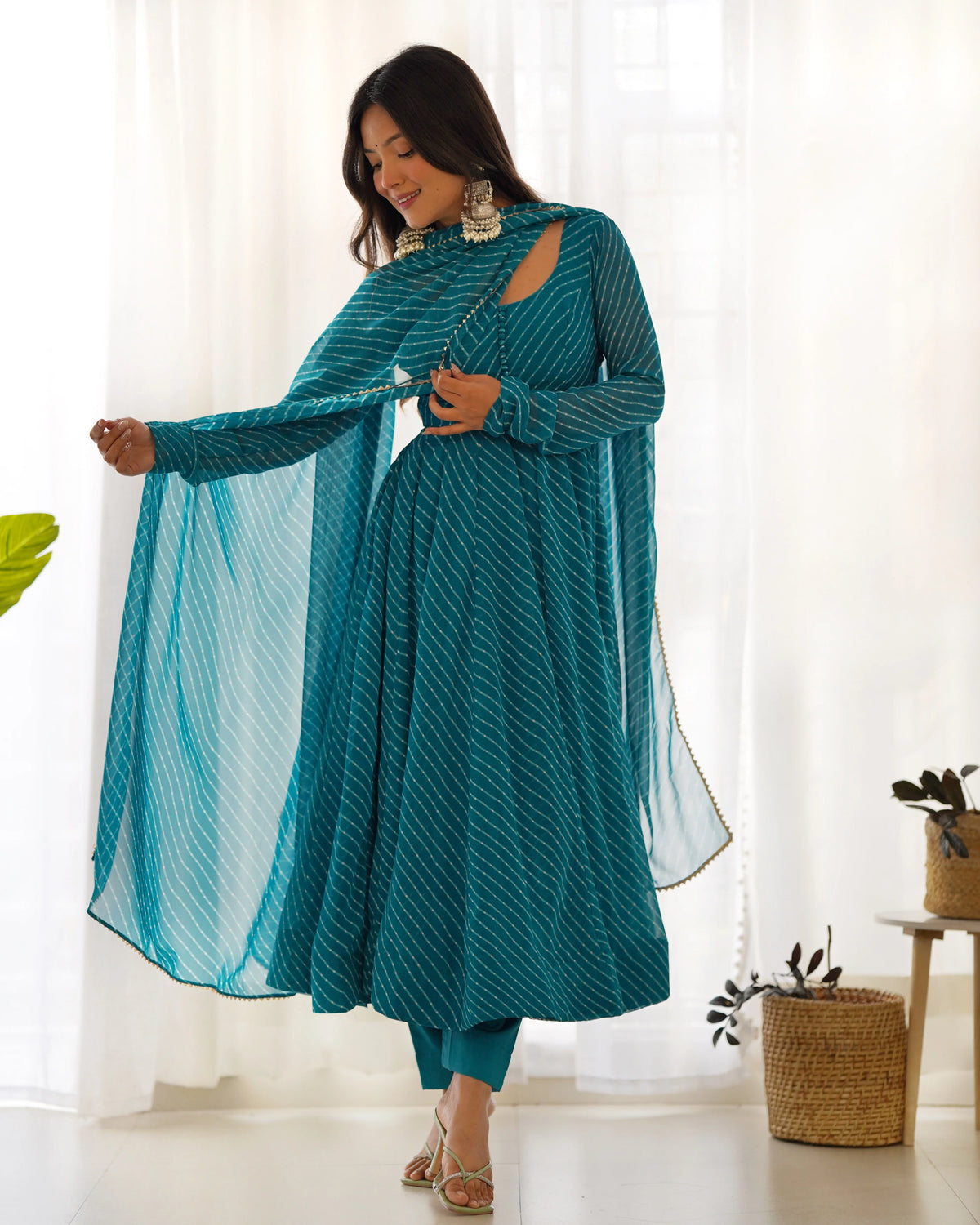 Teal Striped Anarkali Suit with Dupatta