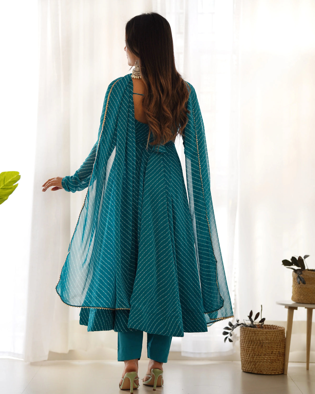 Teal Striped Anarkali Suit with Dupatta