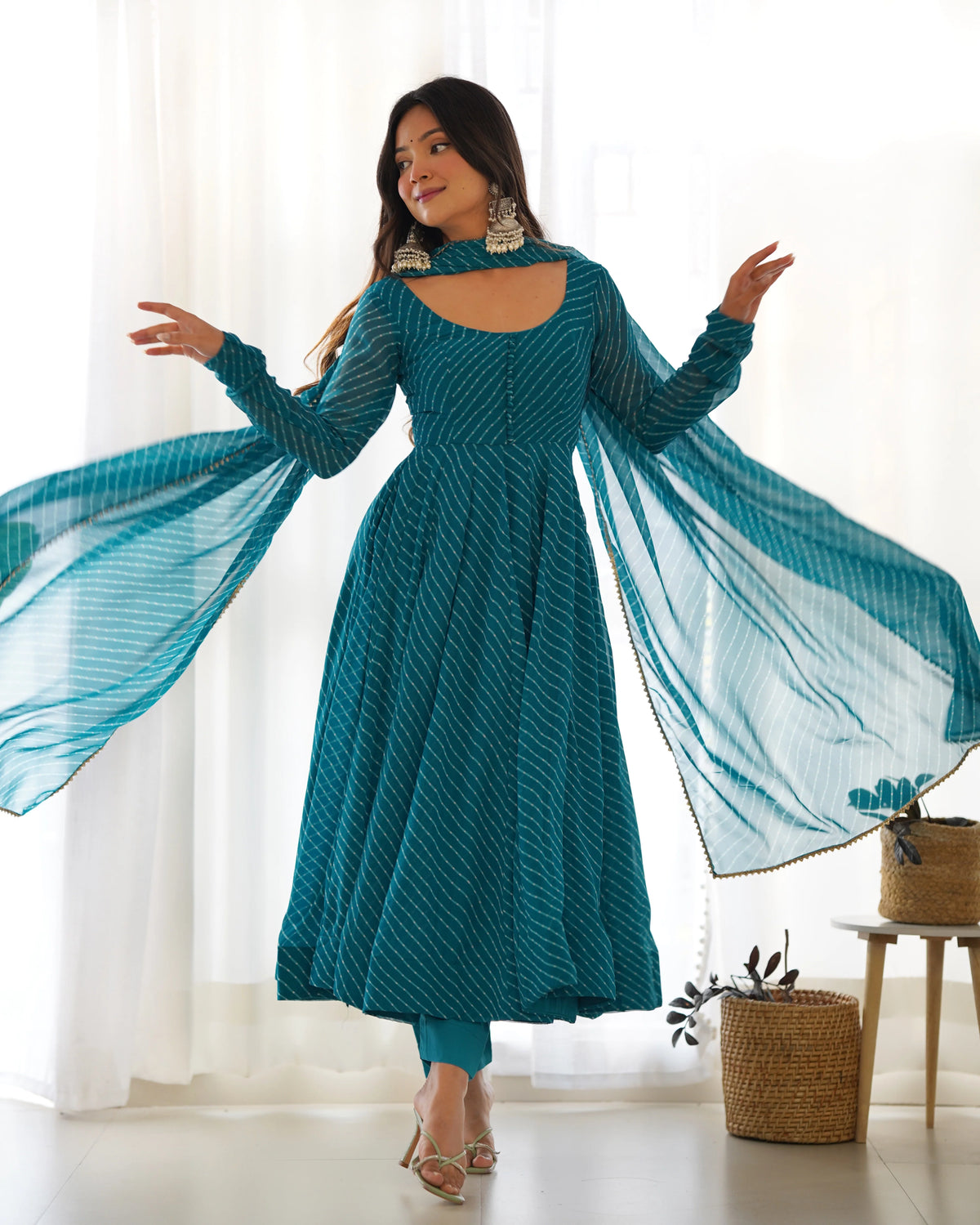Teal Striped Anarkali Suit with Dupatta