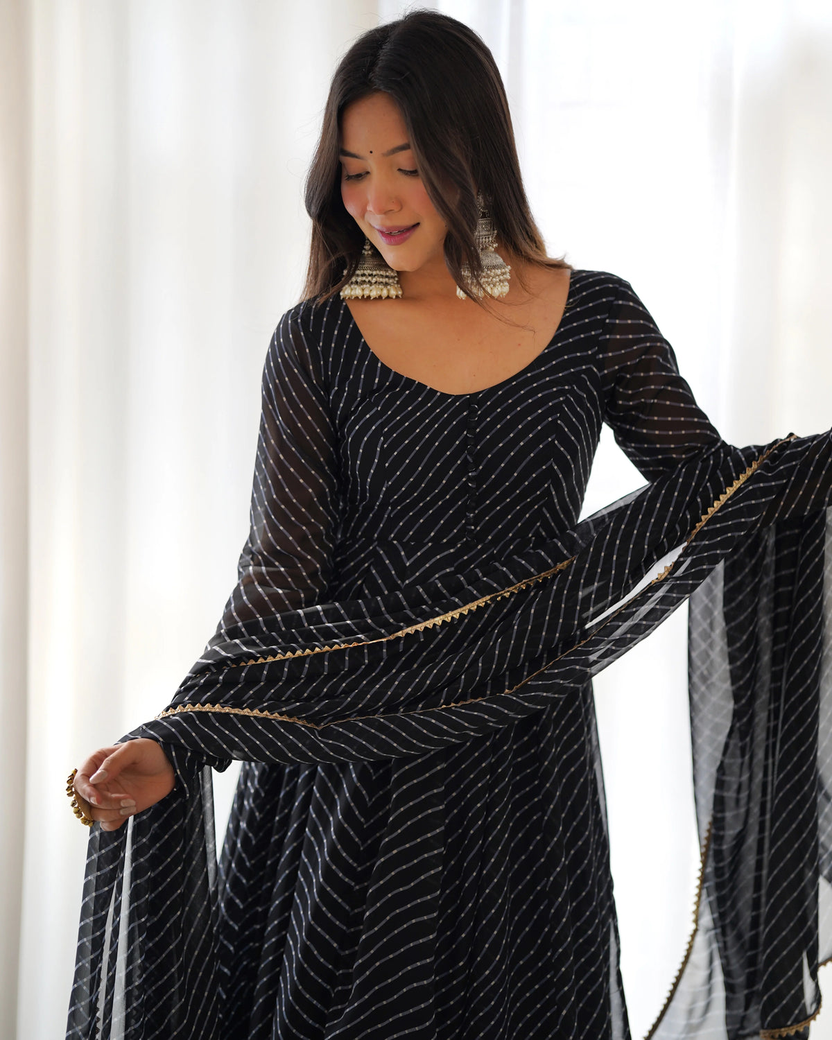 Black Striped Anarkali Suit with Dupatta