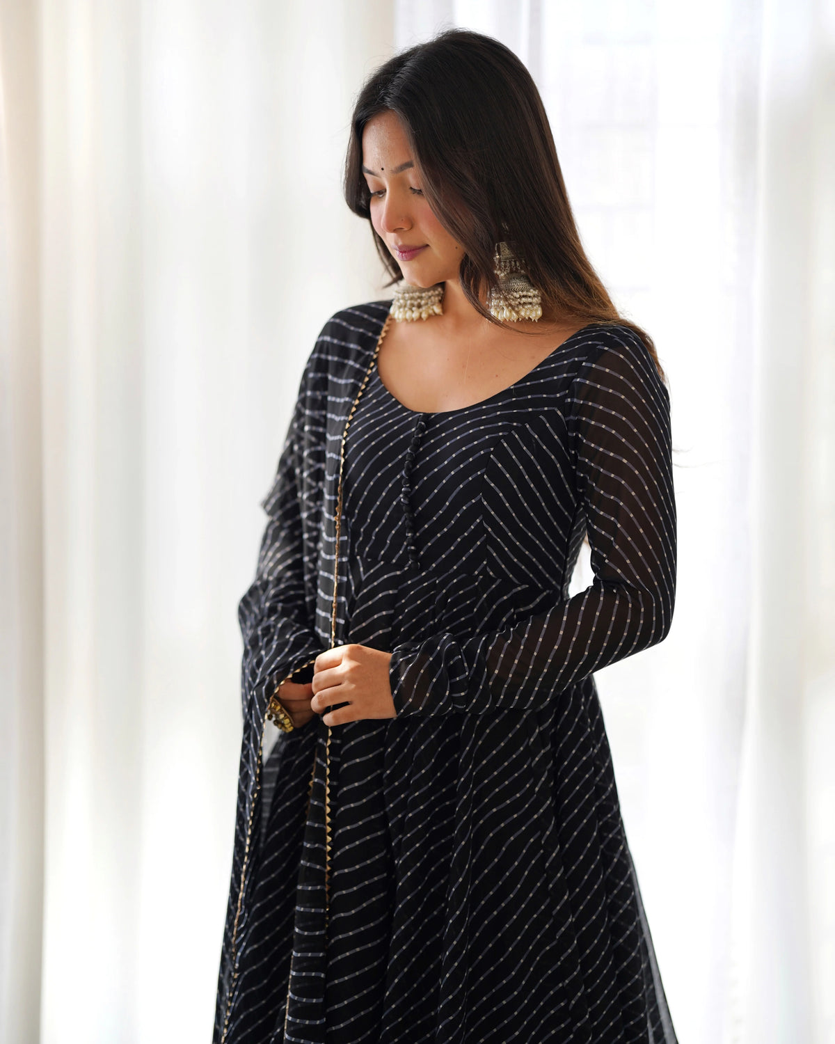 Black Striped Anarkali Suit with Dupatta