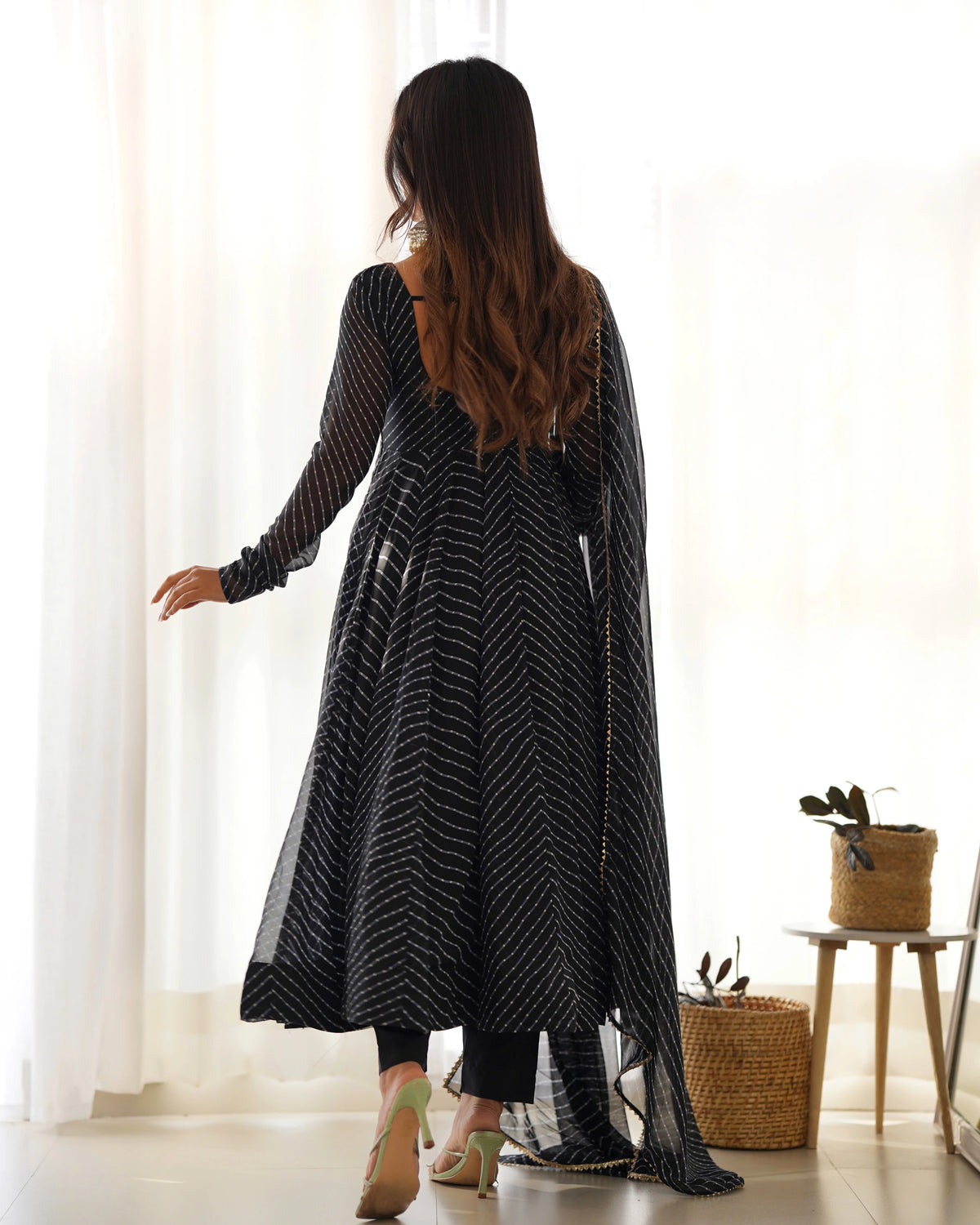 Black Striped Anarkali Suit with Dupatta