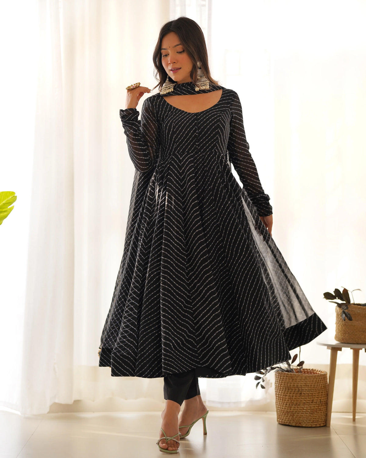 Black Striped Anarkali Suit with Dupatta